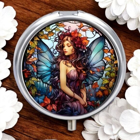 Fairy Elf Pixie Angel Pill Box Medicine Mini Tin Case Mirrored Travel Purse Size - Picture 1 of 8